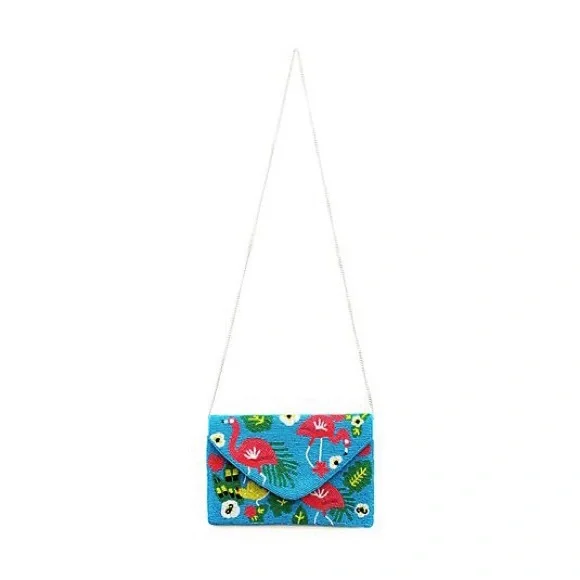 💕 ARATTA paradise hand embellished clutch flamingo print blue beaded NEW strap - Picture 6 of 7